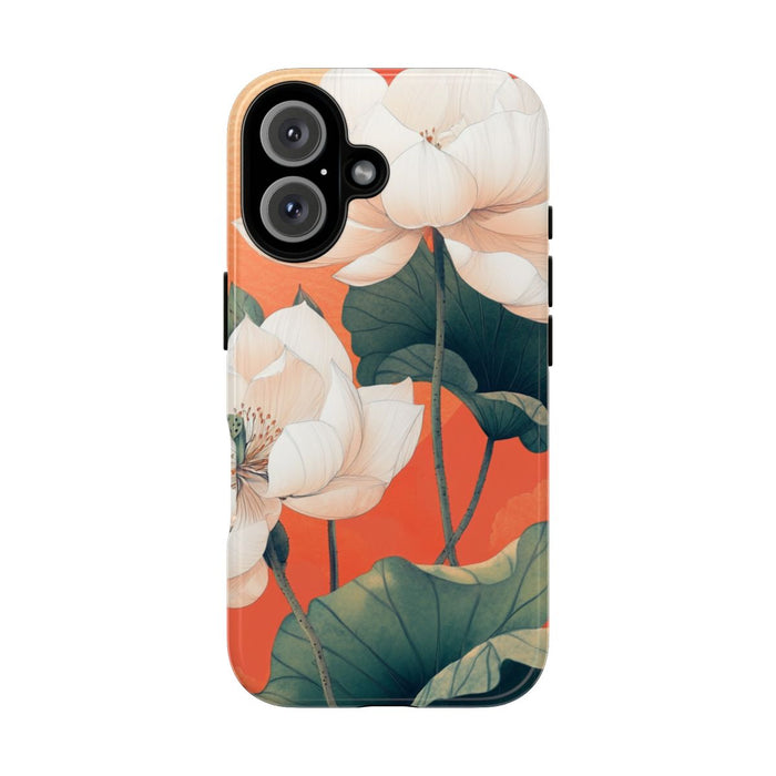 Witte Lotus Bloemen met Groene Bladeren op Oranje Achtergrond