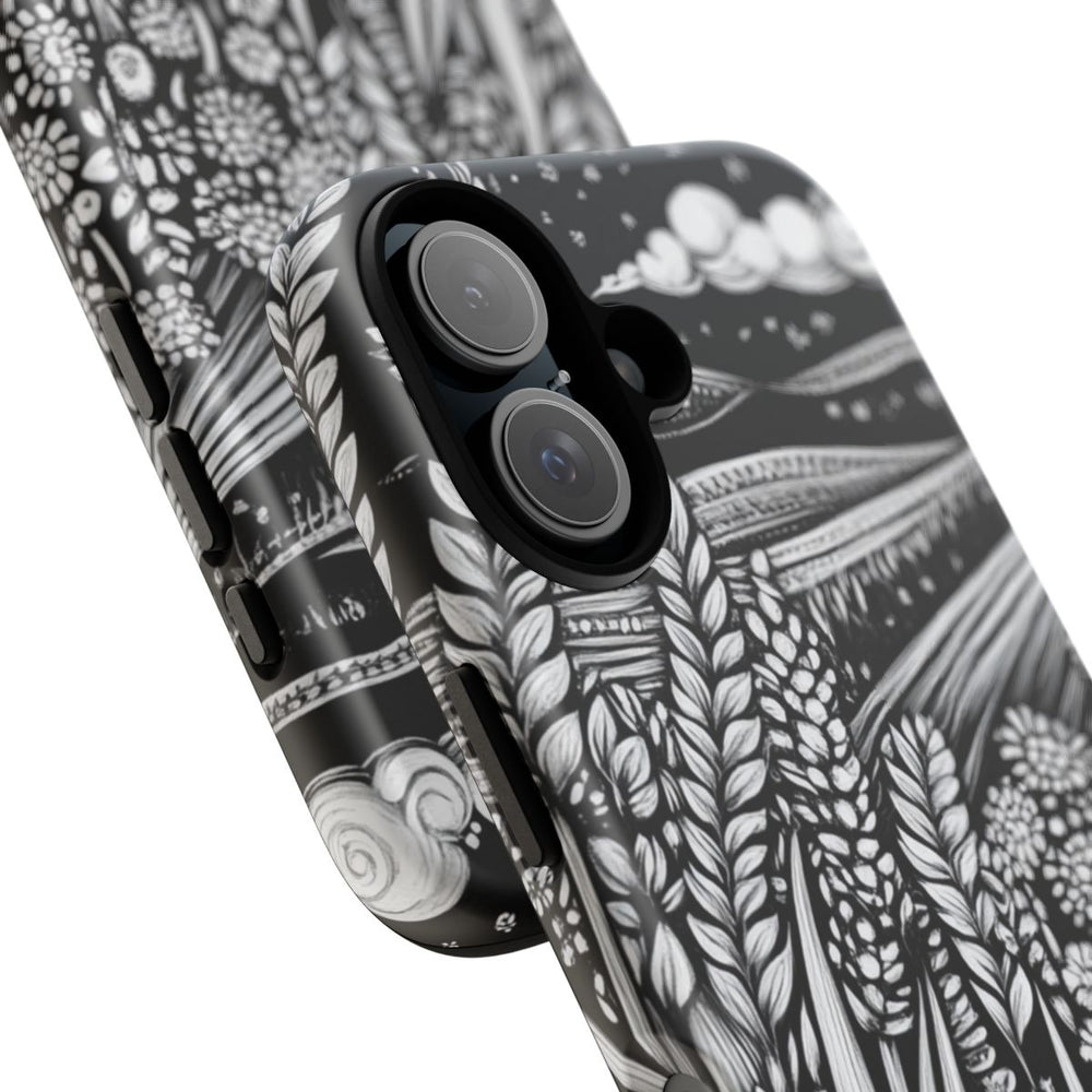 Zwart-Wit Folk Art Tarwe- en Bloemenveld