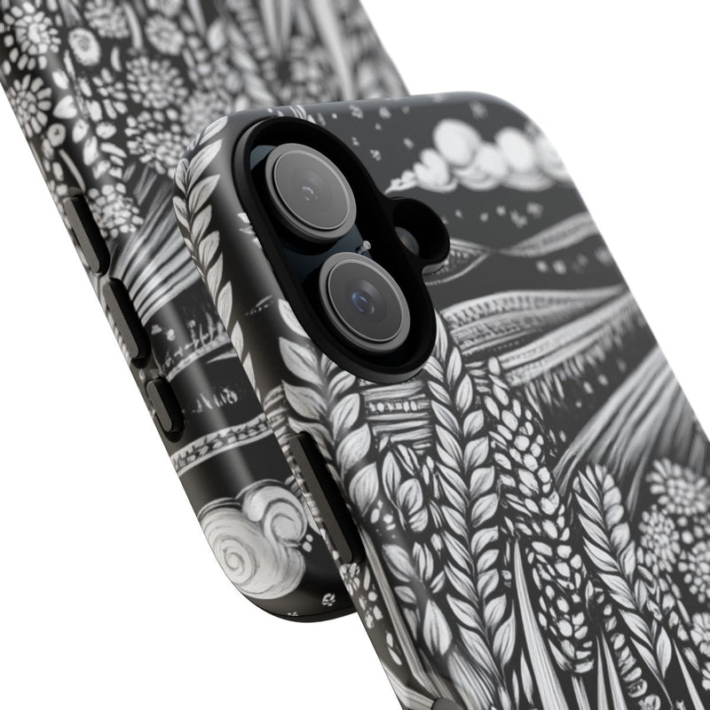 Zwart-Wit Folk Art Tarwe- en Bloemenveld