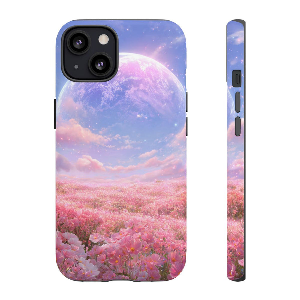 Roze Bloemenveld met Gloeiende Planeet