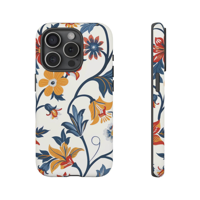 Retro Bloemenpatroon in Blauw, Rood en Geel