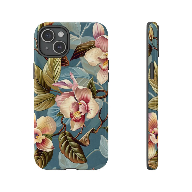 Orchideeën Bloemenpatroon op Blauwe Achtergrond