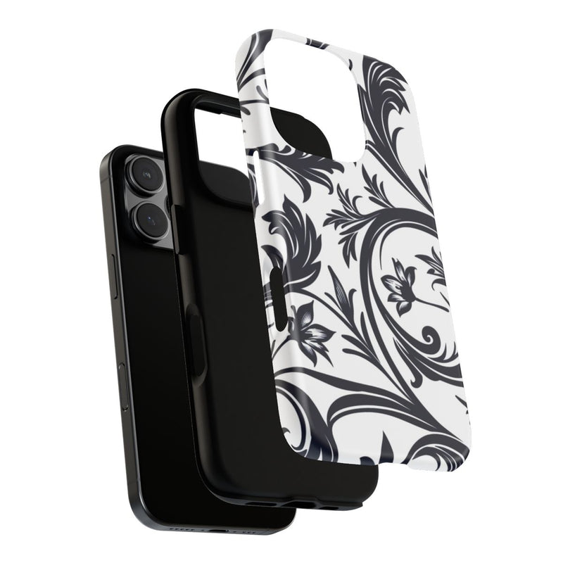 Zwart-Wit Bloemmotief met Sierlijke Krullen