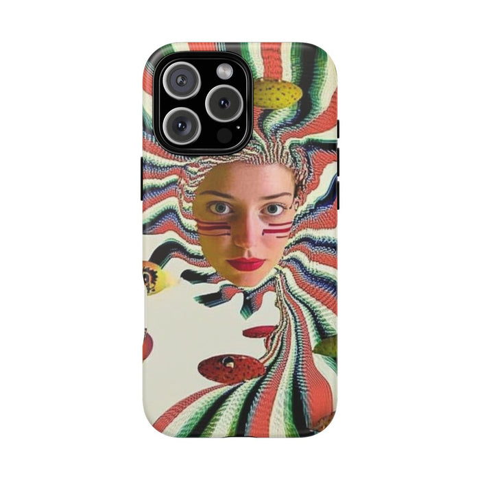 Surrealistisch Vrouwenportret met Kleurrijke Strepen en Zwevende Bollen