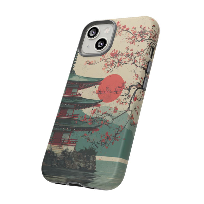 Pagode met Kersenbloesems en Rode Zon