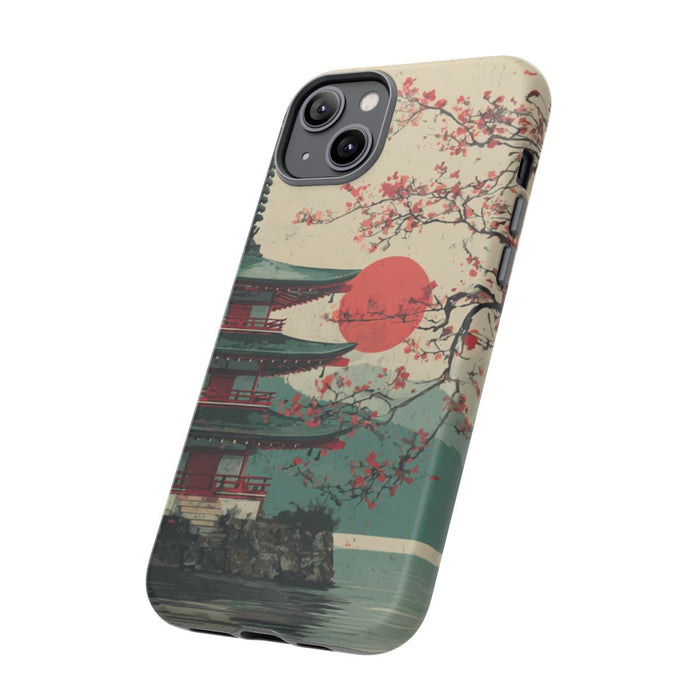 Pagode met Kersenbloesems en Rode Zon