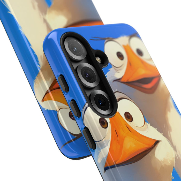 Twee Grappige Ganzen met Grote Ogen op Blauwe Achtergrond