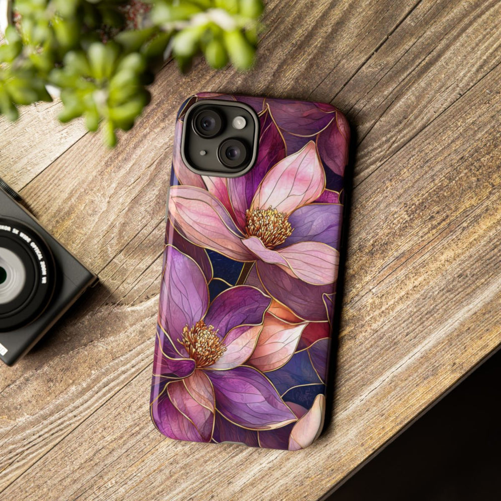 Paarse Magnolia Bloemen in Glas-in-lood