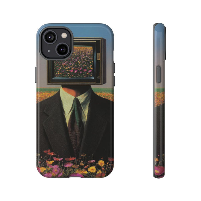 Surrealistische Man met Televisiehoofd in Bloemenveld