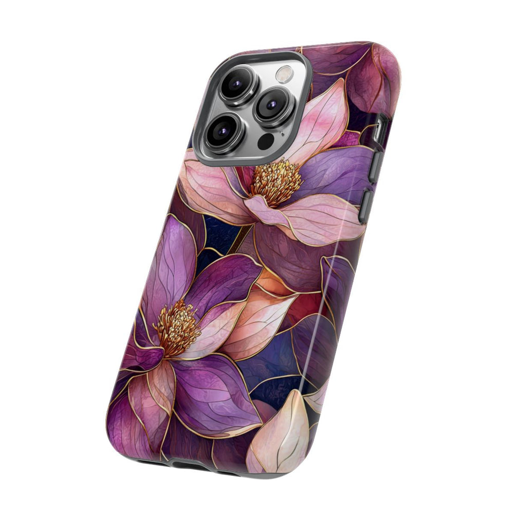 Paarse Magnolia Bloemen in Glas-in-lood