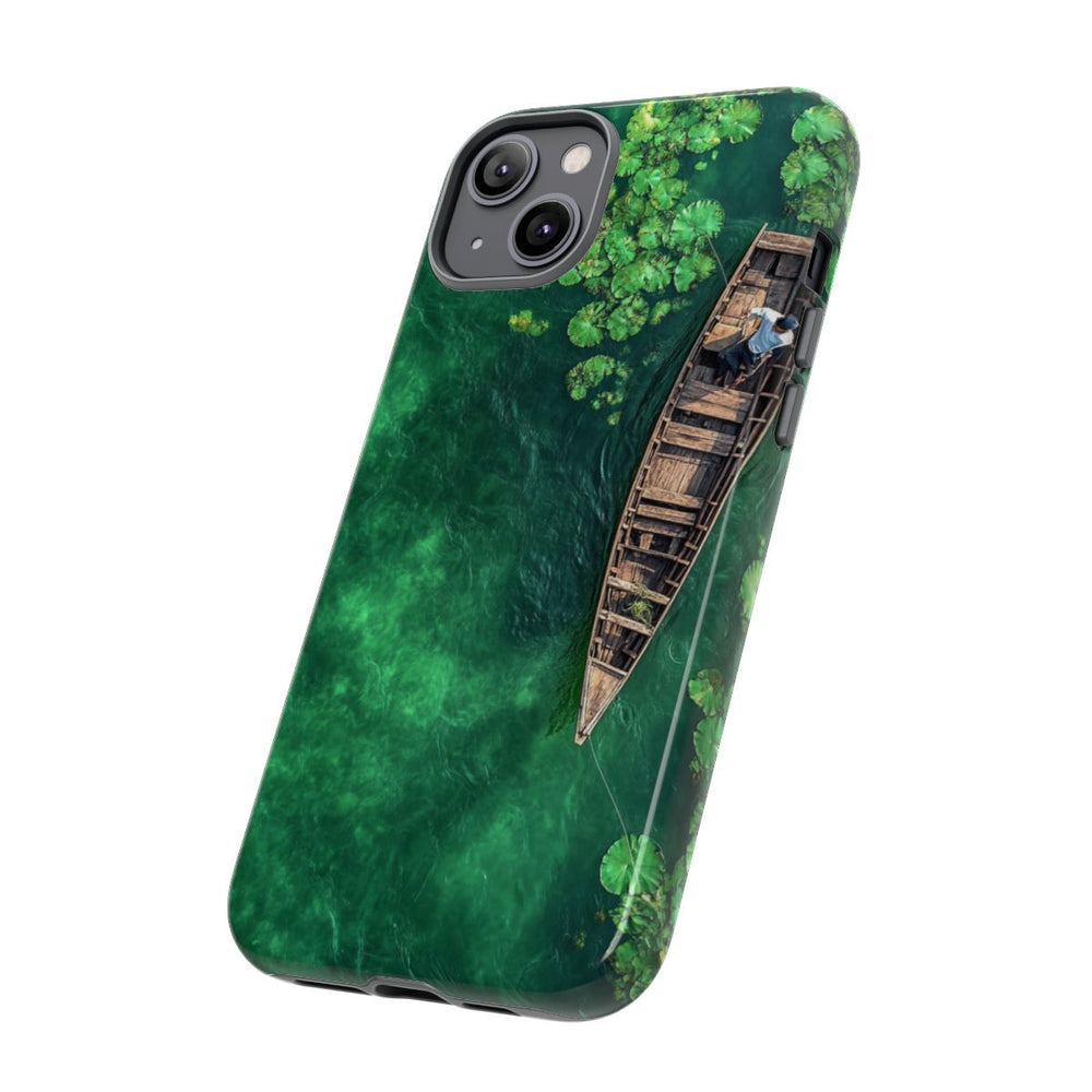 Luchtfoto van Visser op Houten Boot met Lotusbladeren