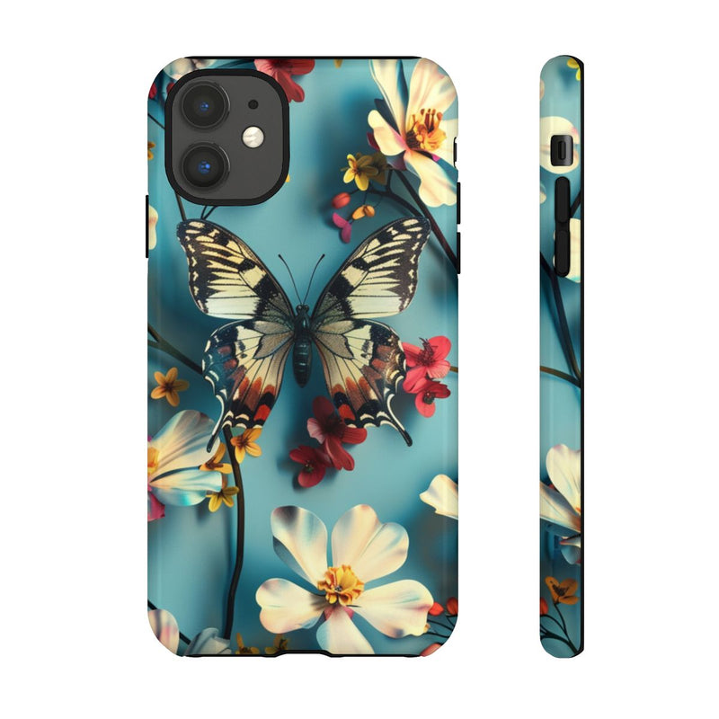 Vlinder en Bloemenpatroon op Blauw