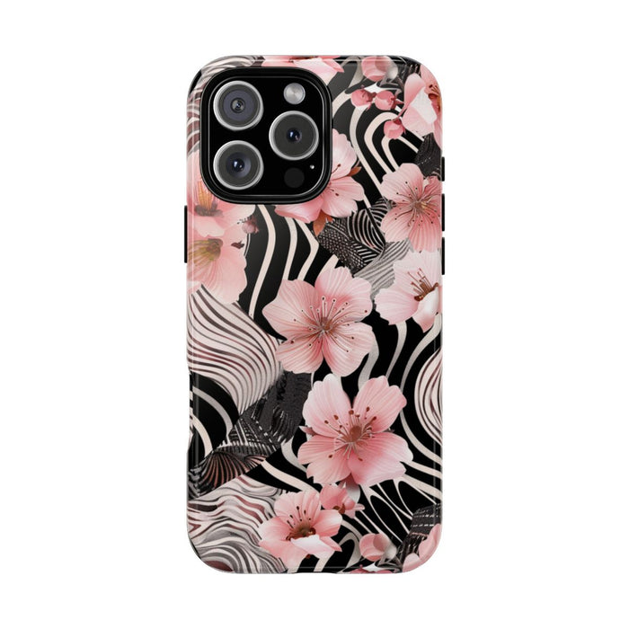 Roze Kersenbloesems met Zwart-Wit Abstract Patroon