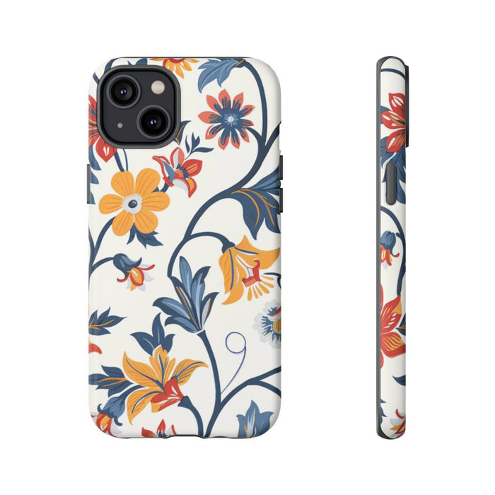 Retro Bloemenpatroon in Blauw, Rood en Geel