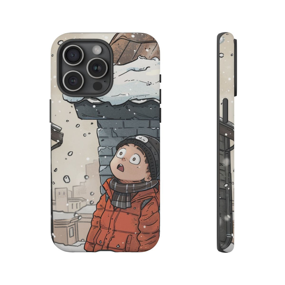 Chibi Man in Winterjas Kijkt Verwonderd naar Besneeuwd Dak