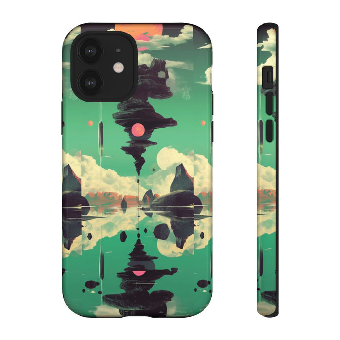 Surrealistisch Zwevende Rotsformatie met Roze Zonnen