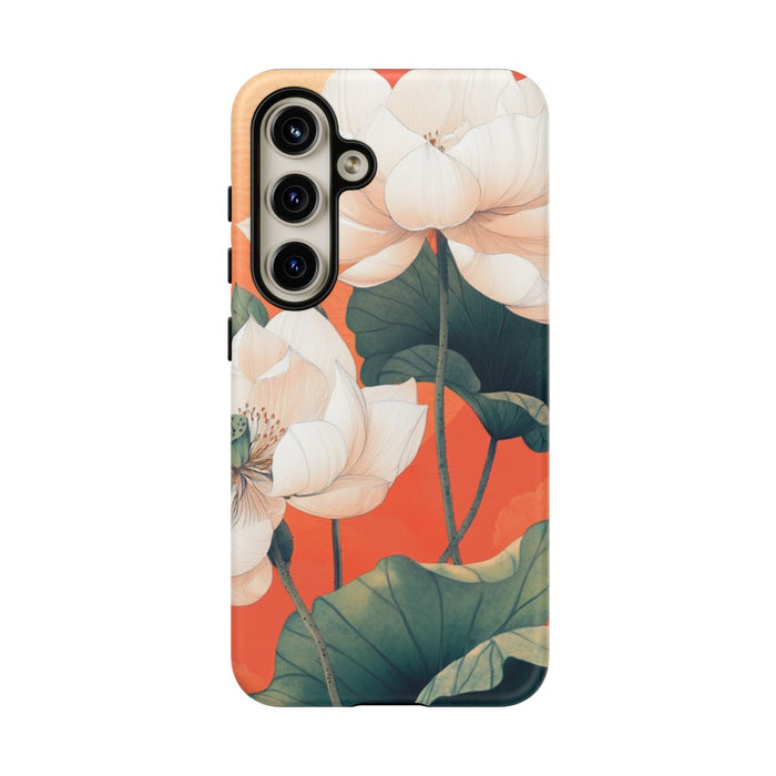 Witte Lotus Bloemen met Groene Bladeren op Oranje Achtergrond