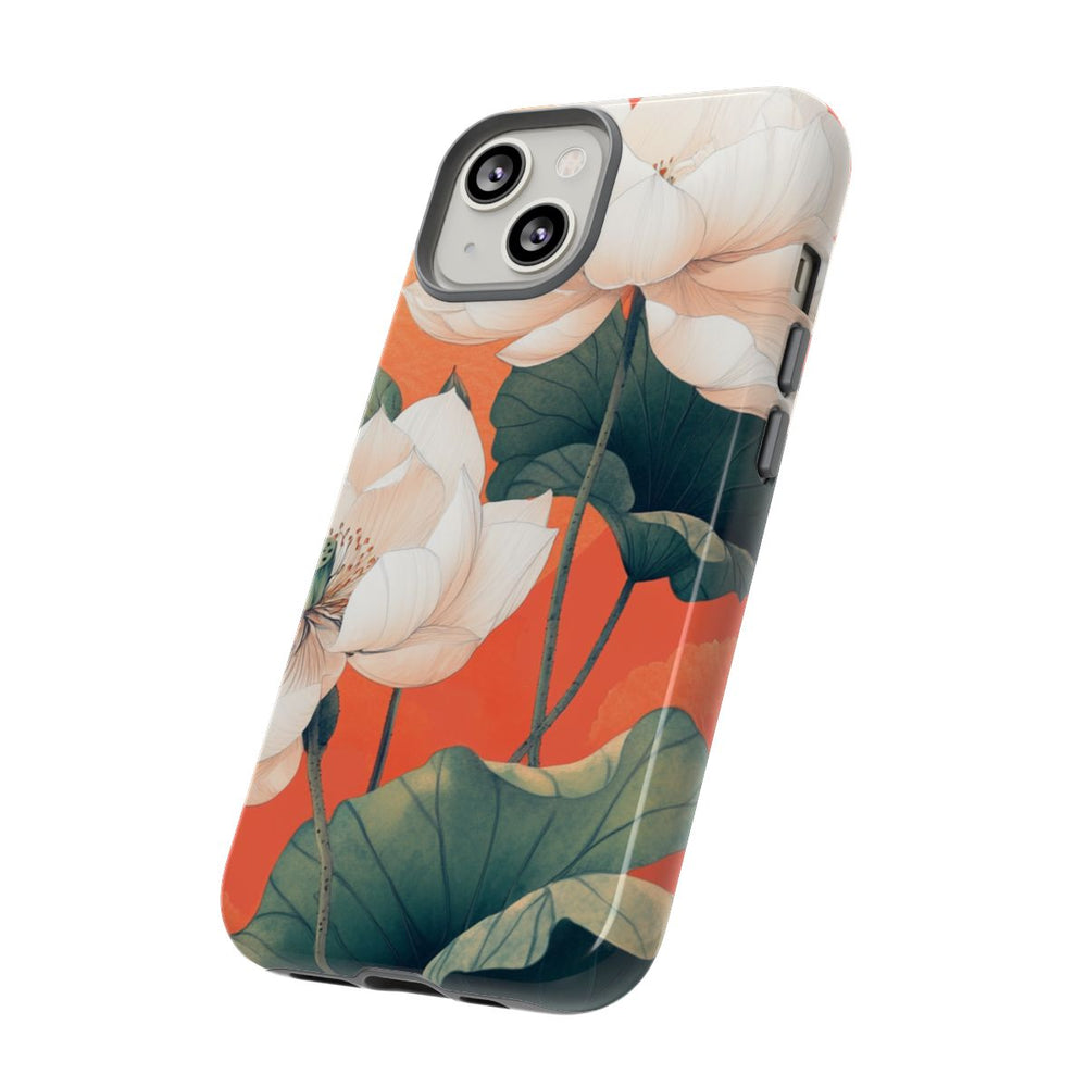 Witte Lotus Bloemen met Groene Bladeren op Oranje Achtergrond