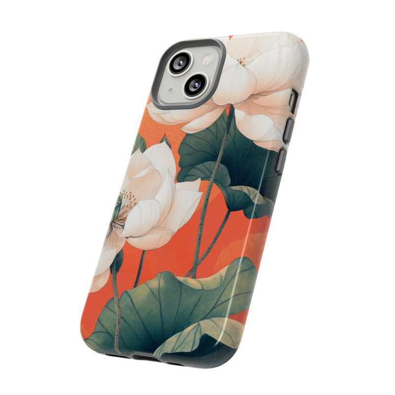 Witte Lotus Bloemen met Groene Bladeren op Oranje Achtergrond