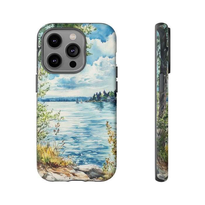 Aquarel Landschap met Meer, Bomen en Zeilboten
