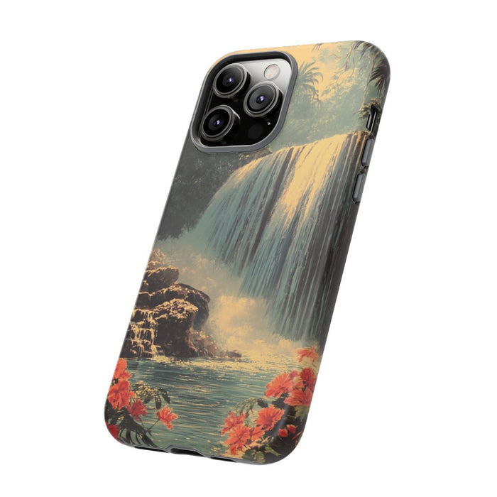 Tropische Waterval met Rode Bloemen