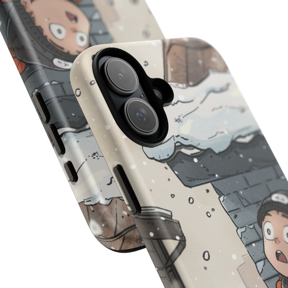 Chibi Man in Oranje Winterjas Kijkt Op Naar Besneeuwd Dak