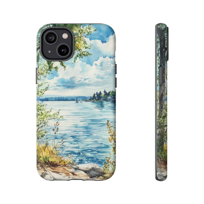 Aquarel Landschap met Meer, Bomen en Zeilboten