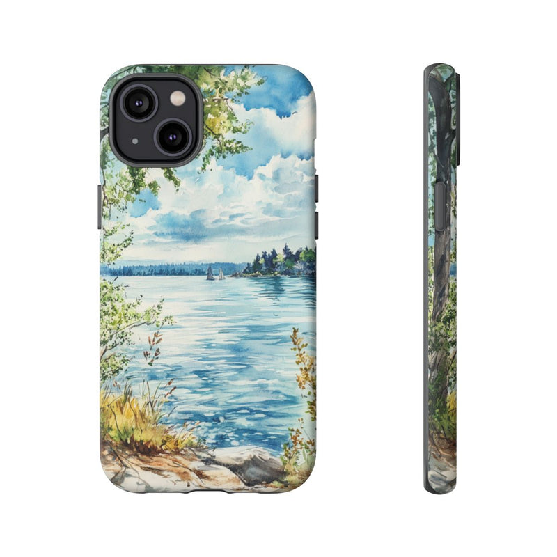 Aquarel Landschap met Meer, Bomen en Zeilboten