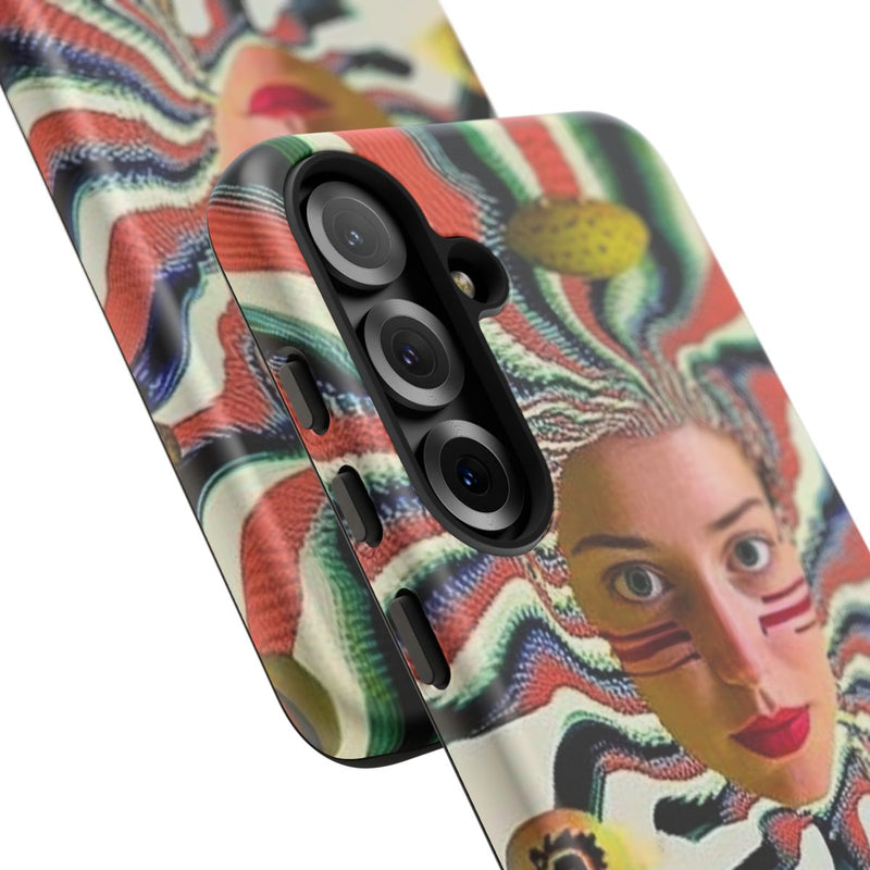 Surrealistisch Vrouwenportret met Kleurrijke Strepen en Zwevende Vormen