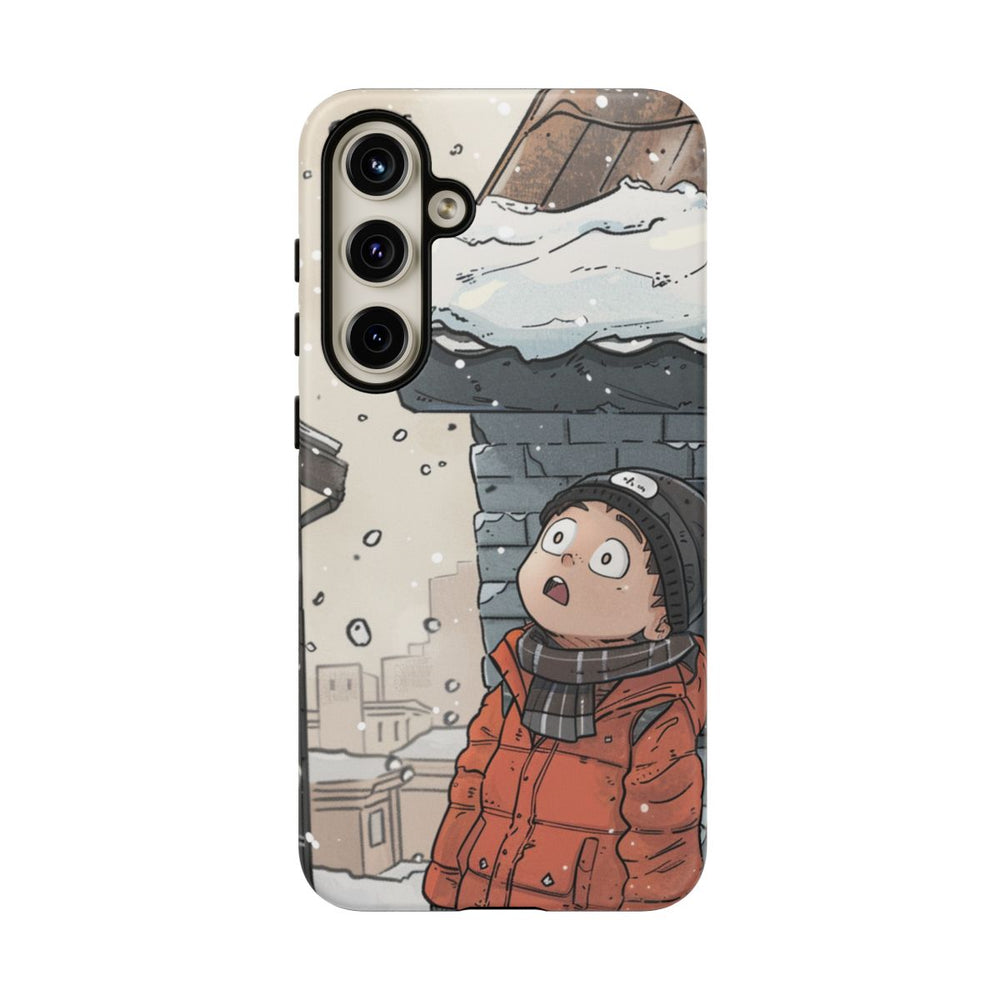Chibi Man met Oranje Winterjas Kijkt Naar Besneeuwd Dak