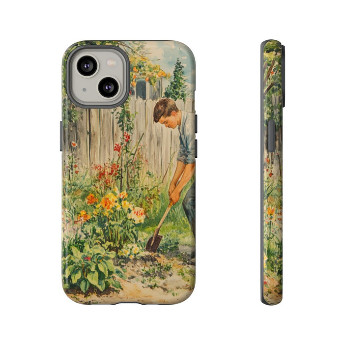 Jonge Man aan het Tuinieren tussen Bloemen