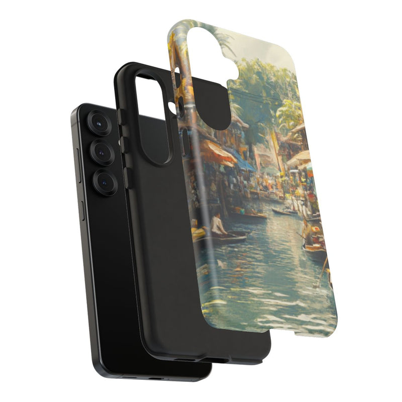 Levendige Watermarkt met Boten en Kraampjes