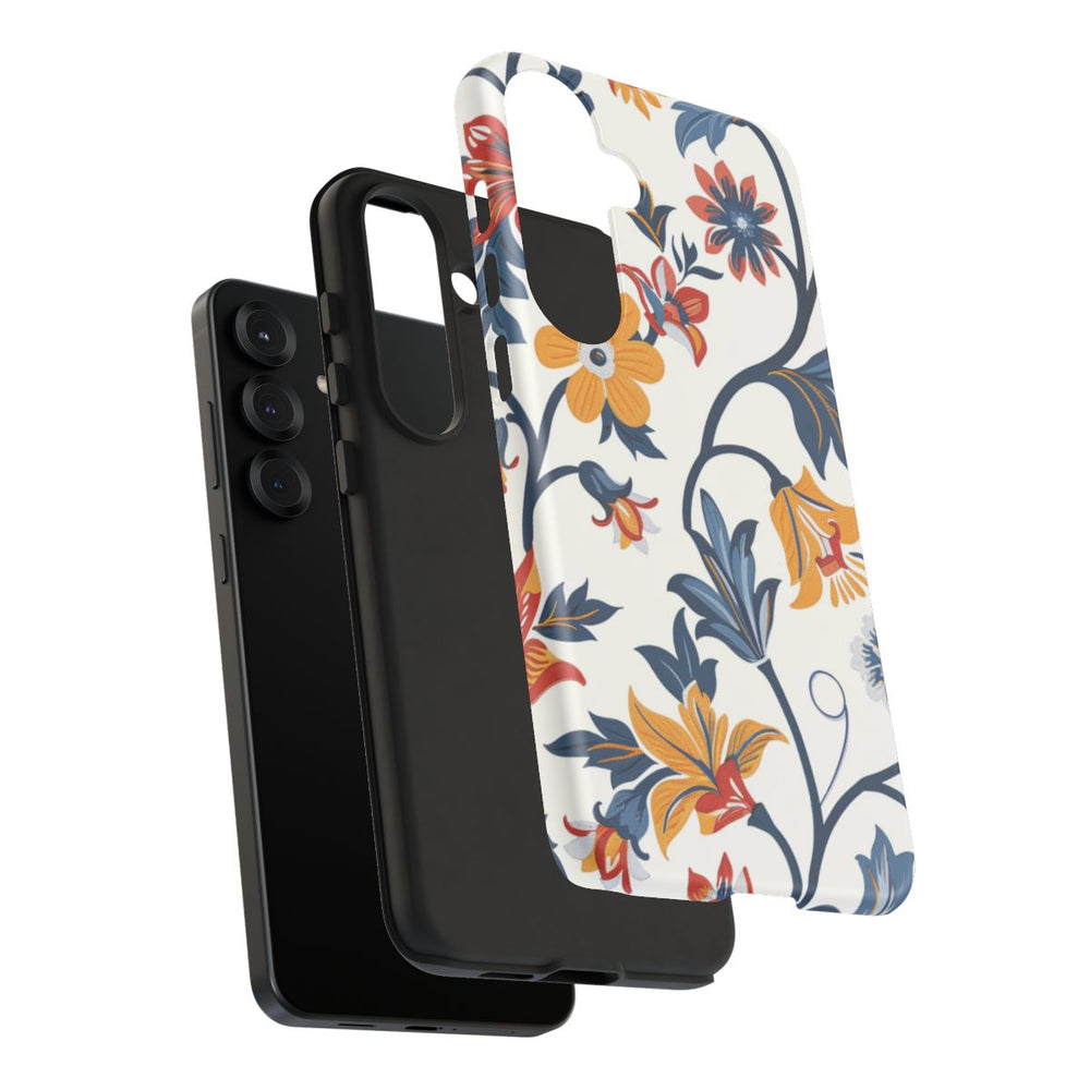 Retro Bloemenpatroon in Blauw, Rood en Geel