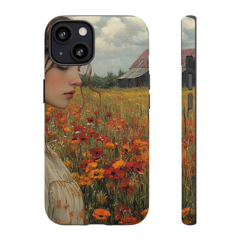 Jonge Vrouw in Bloemenveld met Schuur