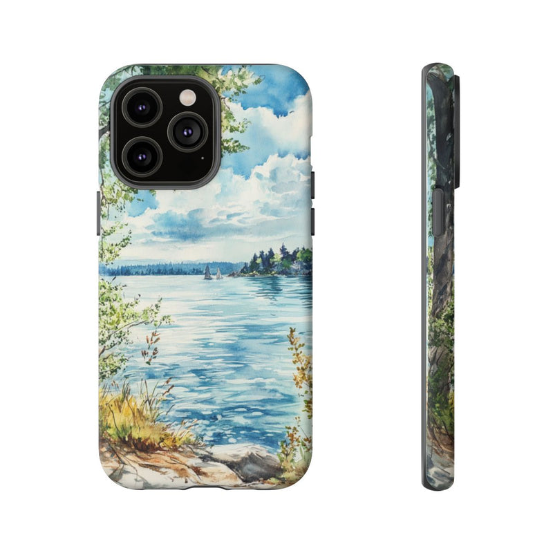 Aquarel Landschap met Meer, Bomen en Zeilboten