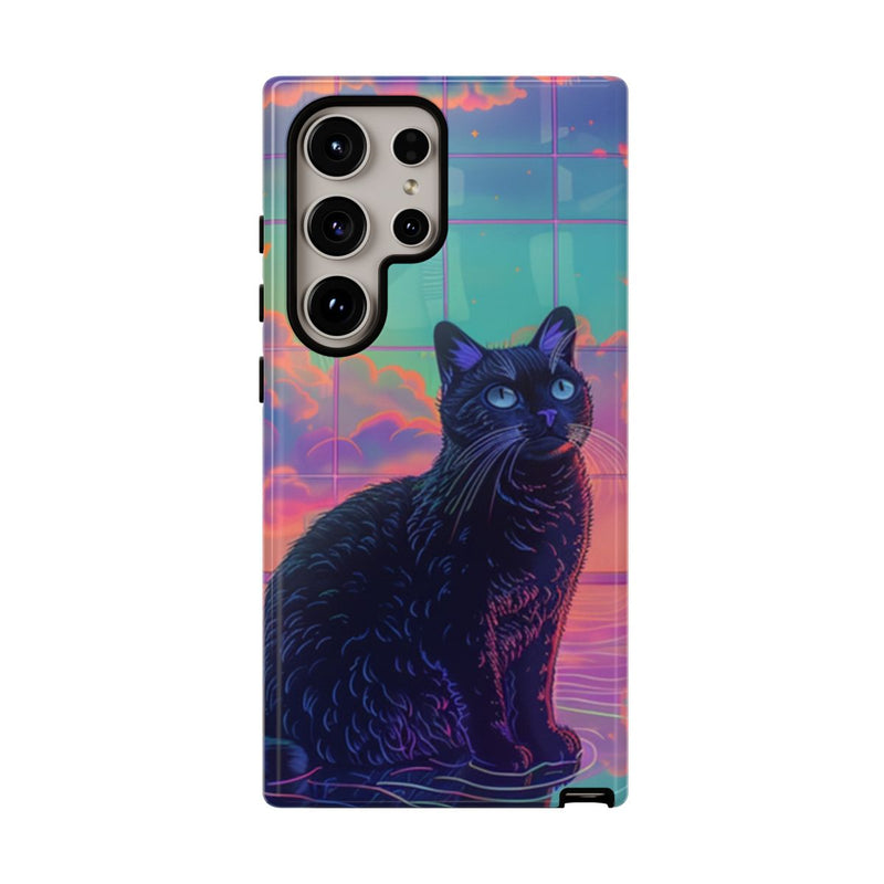 Zwarte Kat met Neonlucht Reflectie