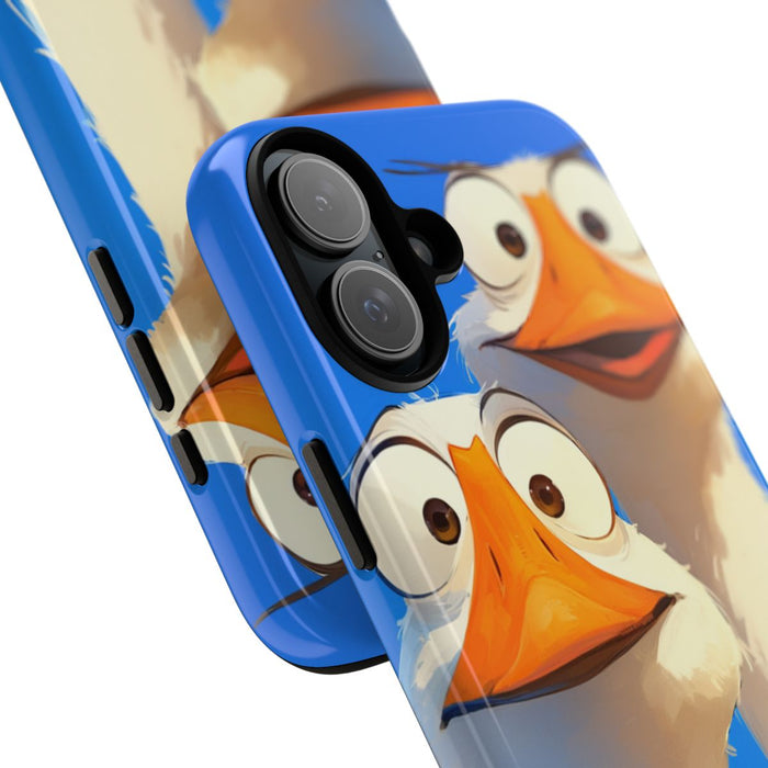Twee Grappige Ganzen met Grote Ogen op Blauwe Achtergrond