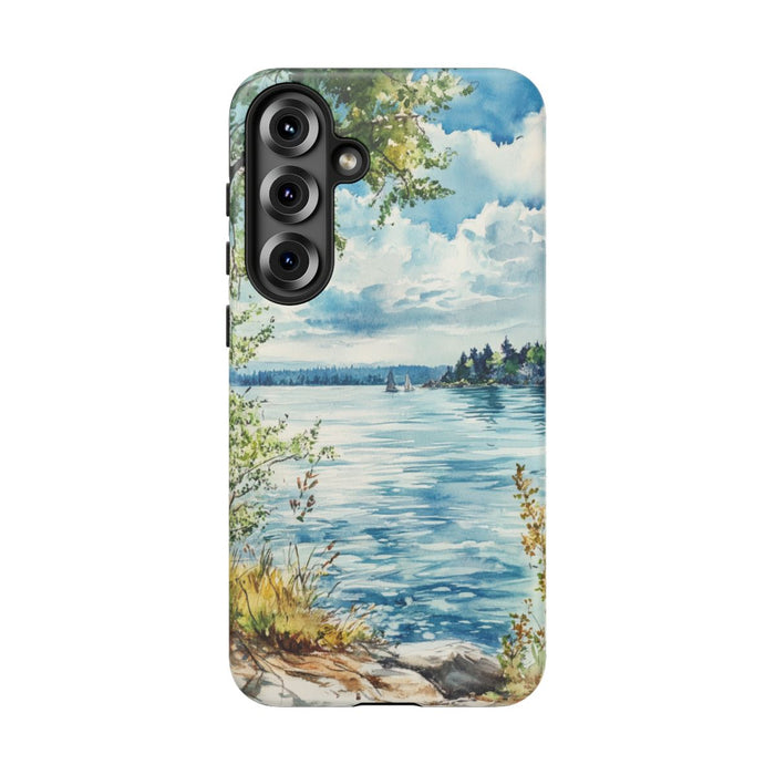 Aquarel Landschap met Meer, Bomen en Zeilboten