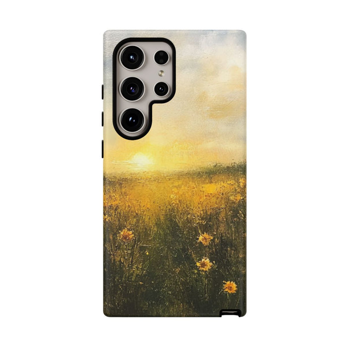 Zonnig Veld met Gele Bloemen bij Zonsondergang