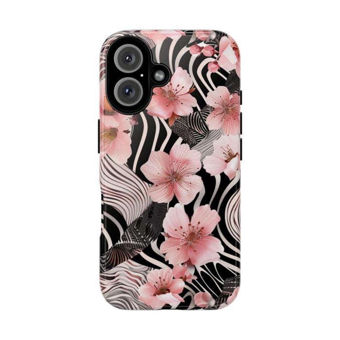 Roze Kersenbloesems met Zwart-Wit Abstract Patroon
