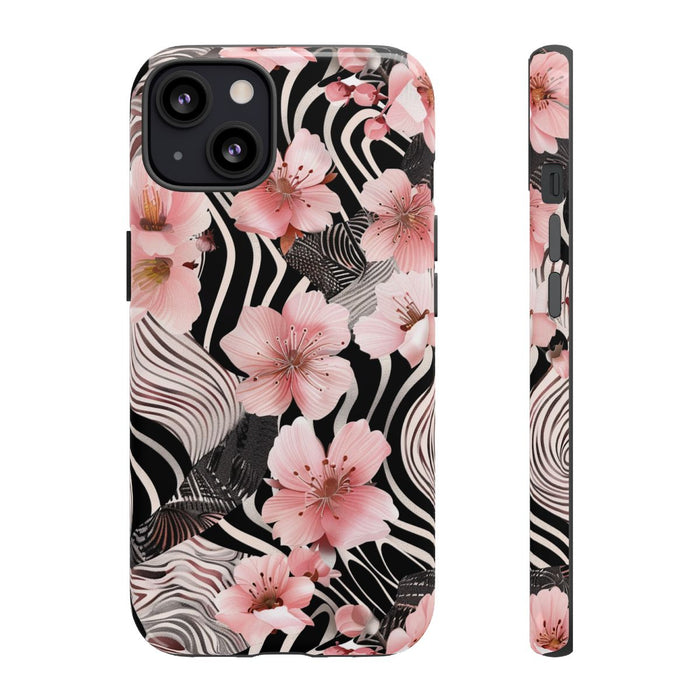 Roze Kersenbloesems met Zwart-Wit Abstract Patroon