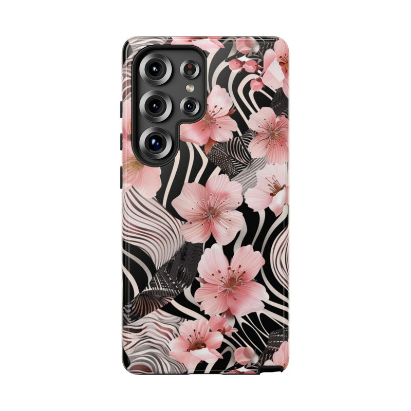 Roze Kersenbloesems met Zwart-Wit Abstract Patroon