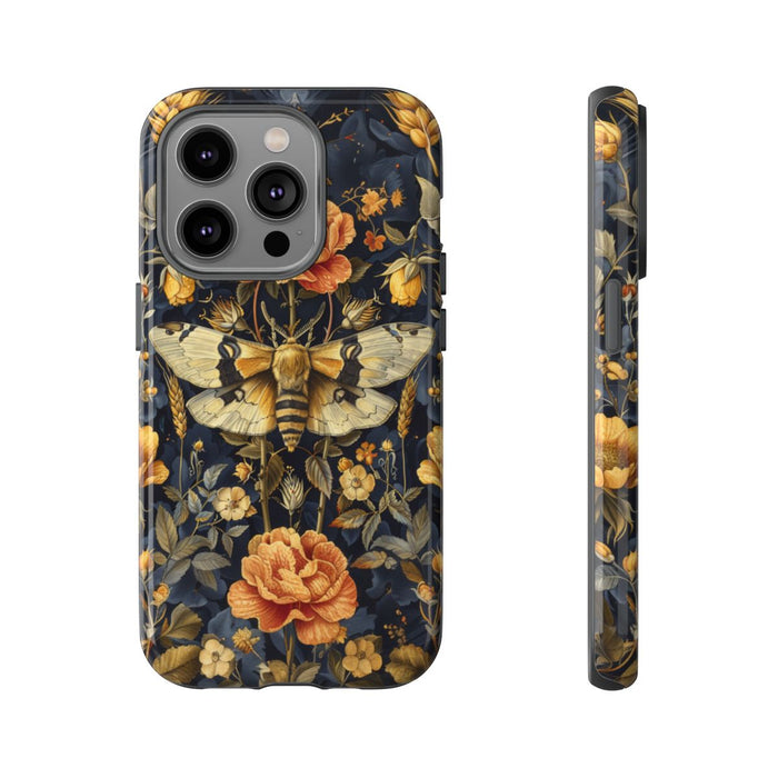 Gouden Bloemen en Mottenpatroon op Donkerblauw