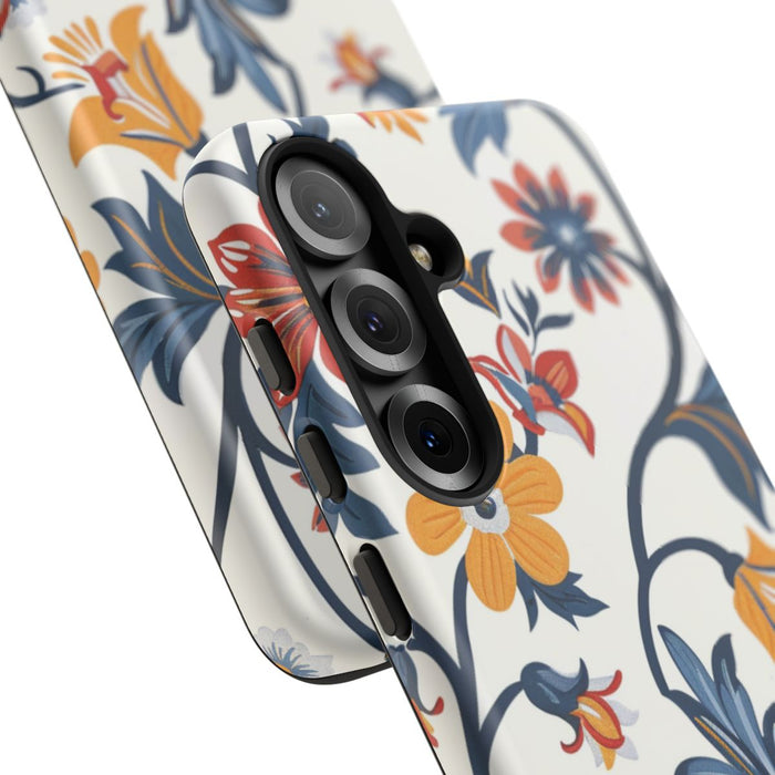 Retro Bloemenpatroon in Blauw, Rood en Geel
