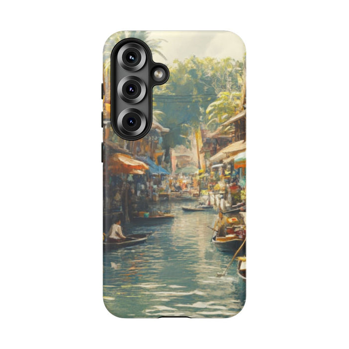 Levendige Watermarkt met Boten en Kraampjes