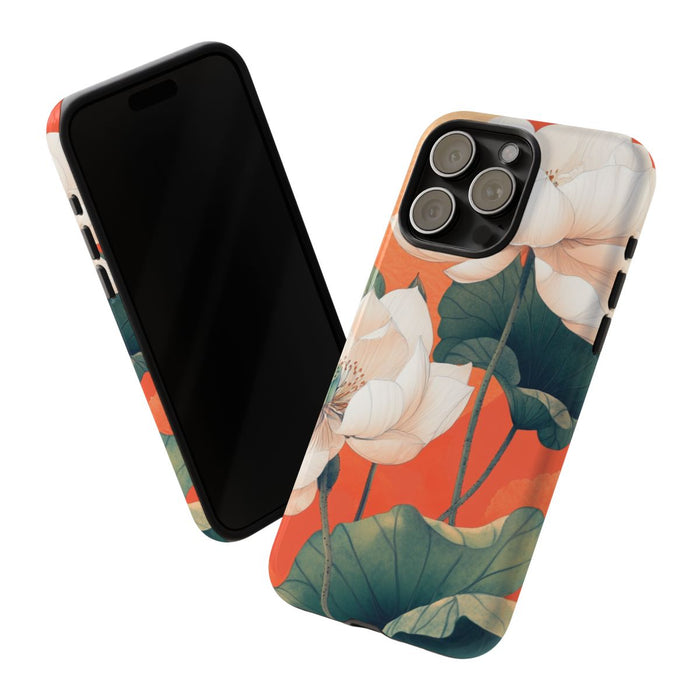 Witte Lotus Bloemen met Groene Bladeren op Oranje Achtergrond