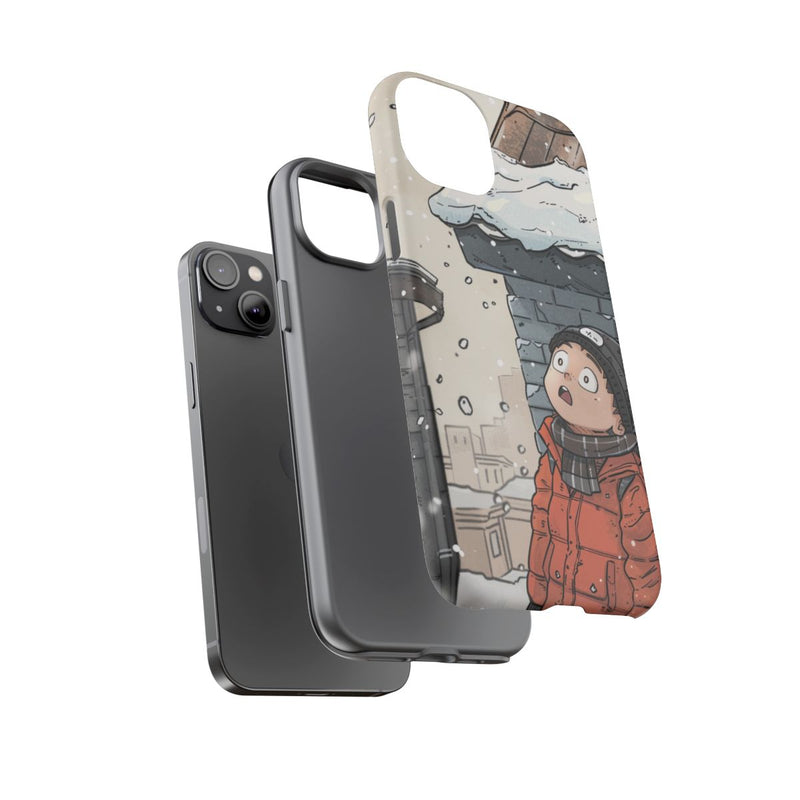 Chibi Man in Oranje Winterjas Kijkt naar Besneeuwd Dak