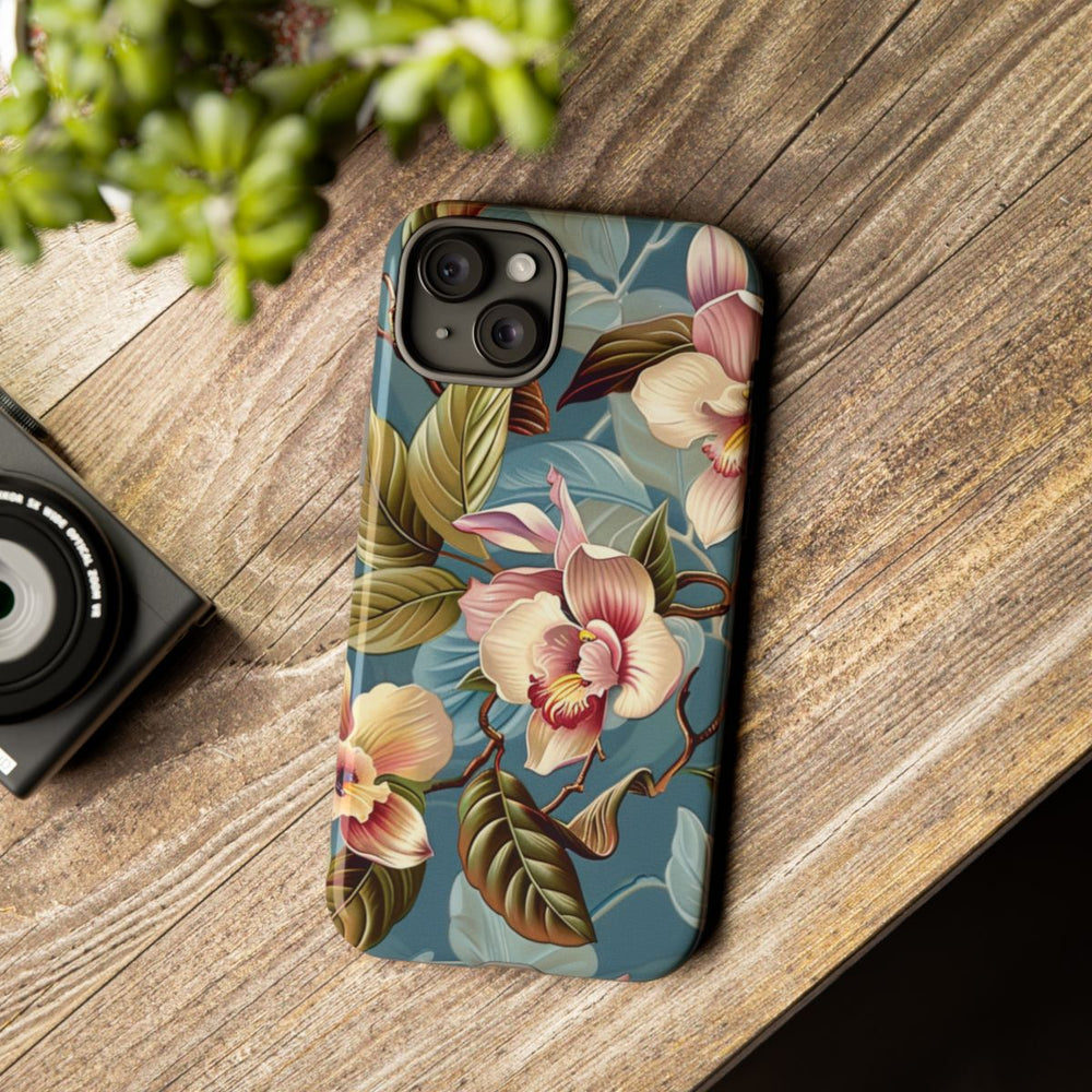 Orchideeën Bloemenpatroon op Blauwe Achtergrond