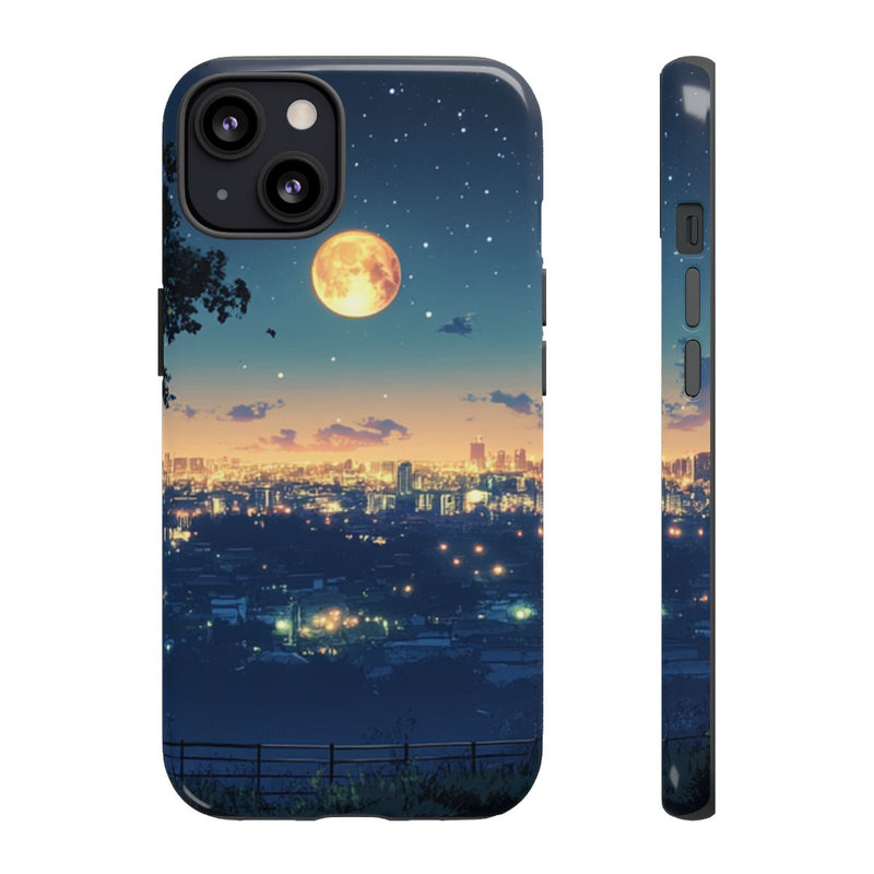 Stad bij Nacht met Sterrenhemel en Volle Maan