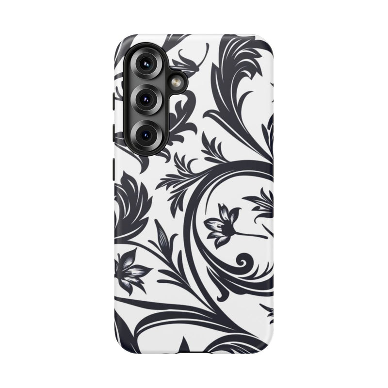 Zwart-Wit Bloemmotief met Sierlijke Krullen